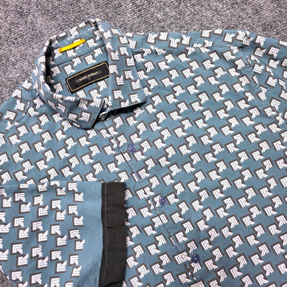 Rare Rabbit Mens M Blue‎ QRAN Geometric Monogram Short Sleeve 100% Viscose Shirt